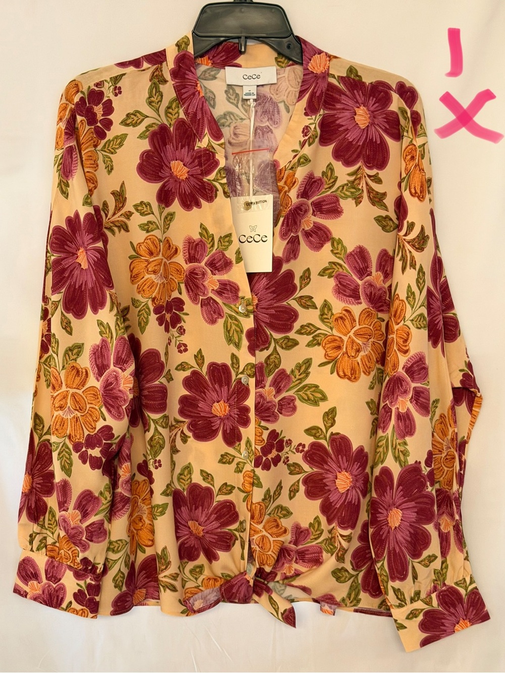 CeCe Cream Button-Down Blouse with Magenta and Orange Floral Print